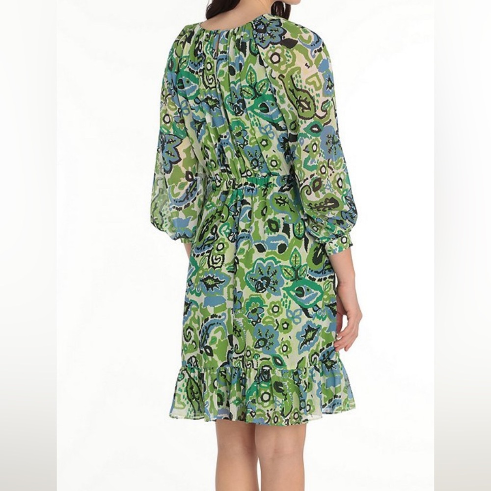 Maggy London Paisley Print Ruffle Hem 3/4 Sleeve Crew Neck Dress, size 4 - Picture 3 of 5